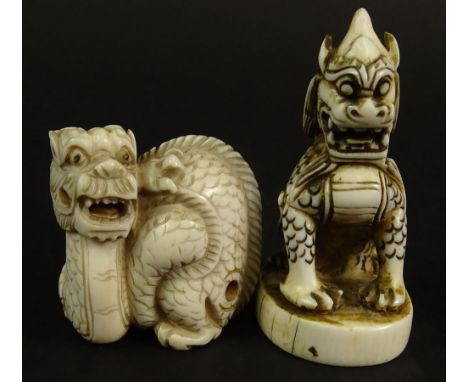 Lot of Two (2) Japanese Carved Ivory Figural Netsukes. Mythical Beasts. Both Signed With Character Marks. Good Condition. Thi