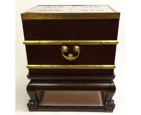 Antique Chinese Rosewood and Brass Wine Cooler/Ice Chest. Two Paneled vented Top. Brass Mountings and Hardware. Tin Liner. Cl
