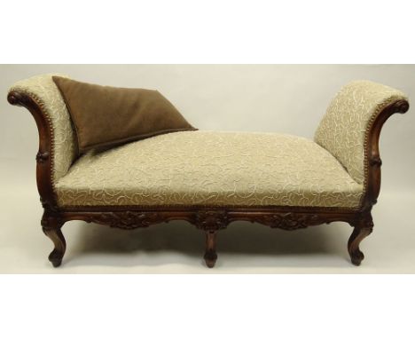 Antique Carved Window Bench. Embroidered Upholstery. Unsigned. Light wear and Rubbing or in Good Condition. Measures 25 Inche