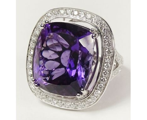 GGL Certified 23.72 Carat Cushion Cut Amethyst, 1.64 Carat Diamond and 14 Karat White Gold Ring. Amethyst with Vivid Saturati