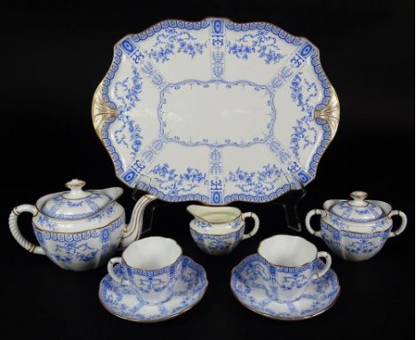 Eight (8) Piece Royal Crown Derby Hand Painted Porcelain Partial Bachelor Tea Set. Blue and White Floral and Gilt Decoration.