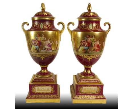 Pair of Antique Hand Painted Royal Vienna Porcelain Urns with Lids. Both Nicely Decorated with Hand Painted Continuous Scenes
