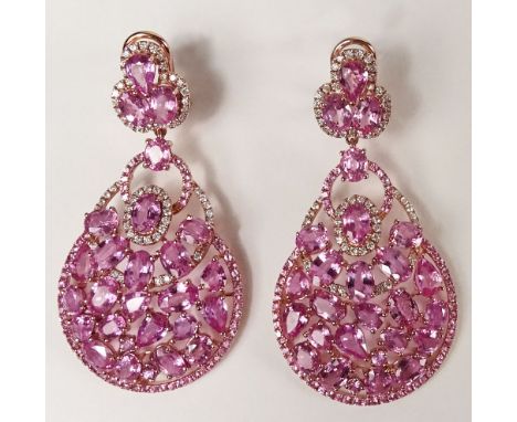 Gems Laboratory Certified Lady's 24.22 Carat Multi-Cut Pink Sapphire, .94 Carat Diamond and 18 Karat Rose Gold Earrings. Sapp