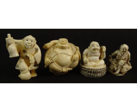 Lot of Four (4) Japanese Carved Ivory Figural Netsukes. All but one Signed With Character Marks. Good Condition. This item wi