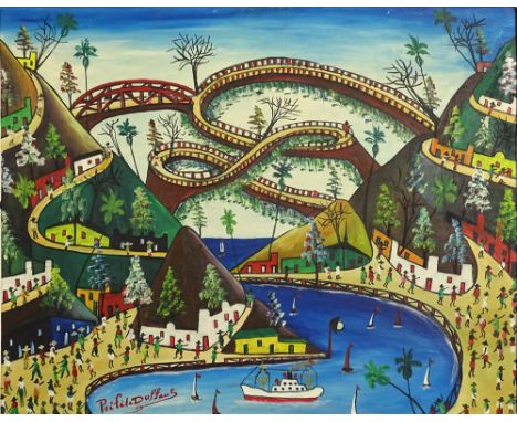 Pr‚f?te Duffaut, Haitian (1923-2012) Oil on Panel, Mountain Village. Signed Lower Left. Good Condition or Better. Measures 16