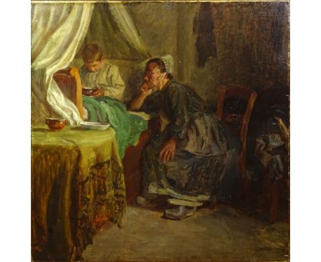 attributed to: Nikolaus Schattenstein (1877-1954) Oil on Canvas "Bedside" Signed Lower Right. Good Condition. Measures 35 Inc