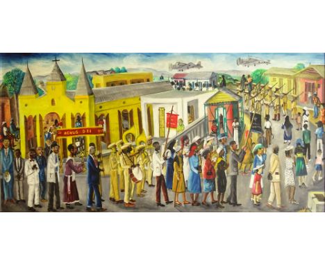 Wilson Bigaud, Haitian (1931-2010) Oil on Panel, Parade Scene. Signed Lower Right. Good Condition or Better. Measures 23-1/2 