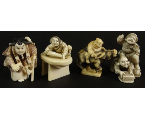 Lot of Four (4) Japanese Carved Ivory Figural Netsukes. All Signed With Character Marks. One with Broken Hand or in Good Cond