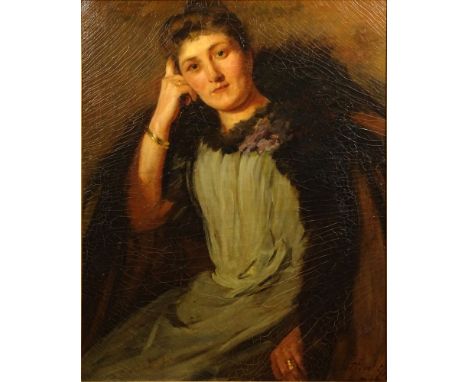Large Late 19th Century Oil on Canvas "Portrait of a Lady" Signed (illegible) and Dated 98 Lower Right. Craquelure Throughout
