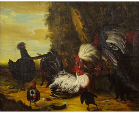 Large Continental Dutch Style Oil on Canvas "Farm Yard Chickens" Monogrammed Lower Right. Also Signed En Verso In Cyrillic, a