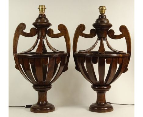 Pair of Modern French Style Open Basket Carved Wood Lamps. Unsigned. Some Wear, Repair to Top of one or in Good Condition. Me