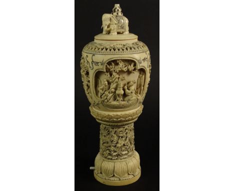 Antique Chinese Reticulated and Carved Ivory Urn. Carved in Deep relief Panels Depicting Dragon, Warring and Figural Scene. L