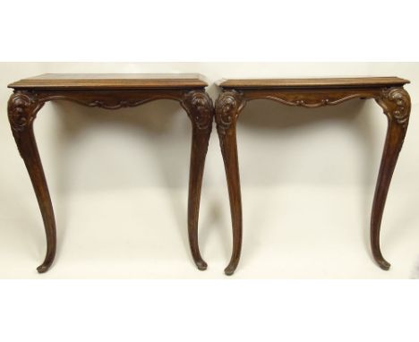 Pair Vintage Deep Relief Carved Consoles. Banded Inlay Tops. Unsigned. Measures 35 Inches Tall, 32 Inches Wide, 13-1/2 Inches