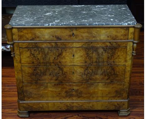 Antique French Louis Phillipe Burl Walnut Marble Topped Chest of Drawers. Variegated Marble Top. Unsigned. Some Wear and Rubb