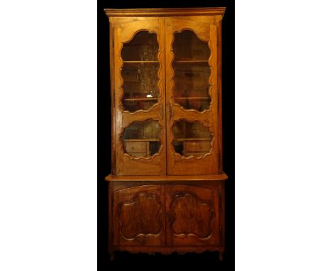 Impressive 18th Century French Walnut Buffet Deux Corps. Glass Doors, Drawers, Shelves, Original Hardware. Keys Included. Uns