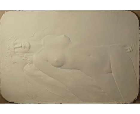 Frank Gallo, American (b. 1933) Cast Paper Laid on Linen "Reclining Nude" Lucite Shadowbox Frame. Signed Frank Gallo A/P Lowe
