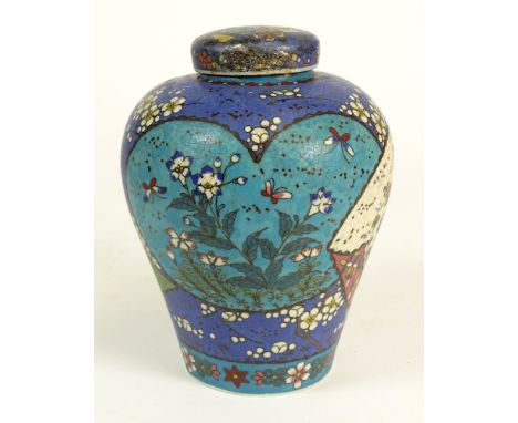 Antique Chinese Porcelain Cloisonn&sbquo; Decorated Lidded Ginger Jar. Interesting White Porcelain Decorated with Enamel and 