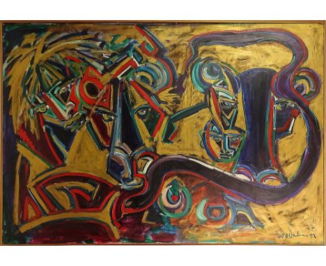 Neith Nevelson, American (b. 1946) Oil on Canvas "Abstract Faces" Signed Lower Left and Dated '72. Measures 41-3/4 Inches by 