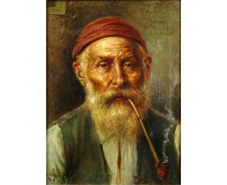 Raffaele Frigerio, Italian (1875-1948) Oil on Canvas "The Pipe Smoker" Signed Lower Left R. Frigerio. Good Condition. Measure