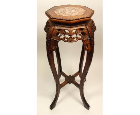 Vintage Chinese Carved Hardwood Urn Stand with Inset Marble Top. Unsigned. Good Condition. Measures 36 Inches Tall and 14 Inc