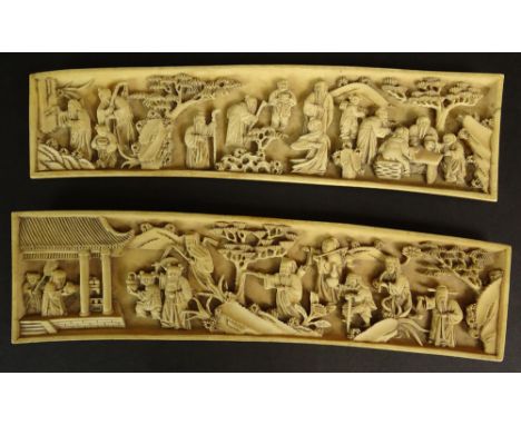 Pair of 19th Century or Earlier Chinese Carved Ivory Wrist rests. Each with Fine Relief Carving Depicting Busy Village Scenes