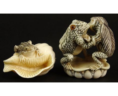 Lot of Two (2) Japanese Carved Ivory Netsukes. One a Toad and Monkey 2 Inches Tall; One a Toad on a Conch Shell. Both Signed 