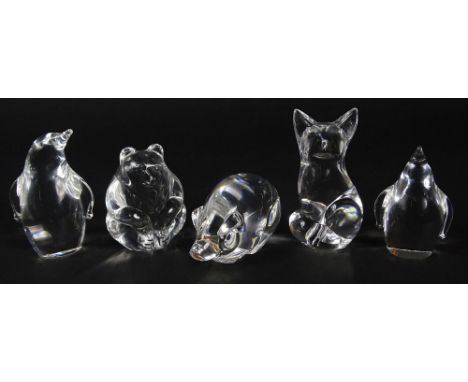 Lot of Five (5) Steuben Crystal Animal Figurines. This Lot includes: Cat 3-1/2 Inches, Penguin 3 Inches, Penguin 2-1/2 Inches