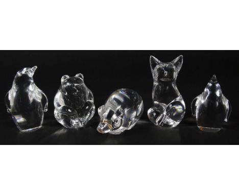 Lot of Five (5) Steuben Crystal Animal Figurines. This Lot includes: Cat 3-1/2 Inches, Penguin 3 Inches, Penguin 2-1/2 Inches