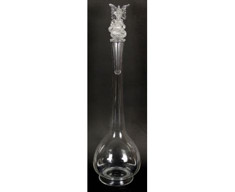 William Gudenrath, American (20th C) Hand blown Glass Decanter With Dragon Stopper. Signed on Both Bottle and Stopper. Losses