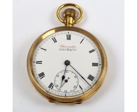 SOLEIL WATCH CO - a Continental 18ct gold open-face keyless-wind chronometre pocket watch, white enamel dial with Roman numer