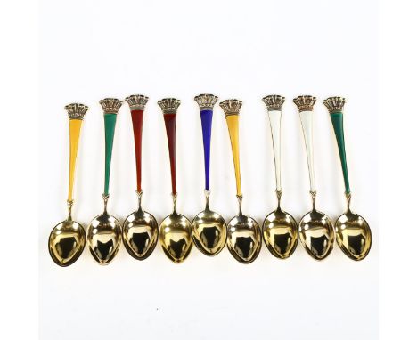 EGON LAURIDSEN - a set of 9 Danish vermeil sterling silver and harlequin enamel coffee spoons, length 9.5cmNo damage or repai