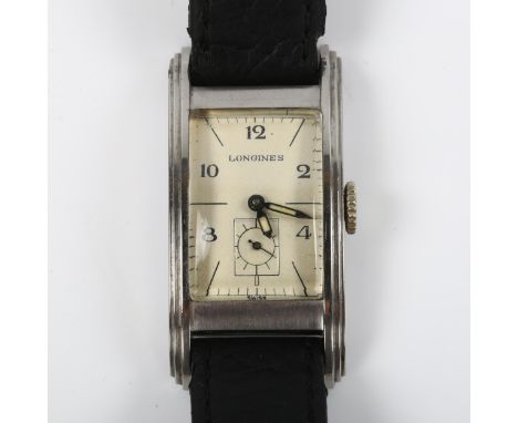 LONGINES - an Art Deco stainless steel mechanical wristwatch, circa 1930s, rectangular silvered dial with eighthly Arabic num