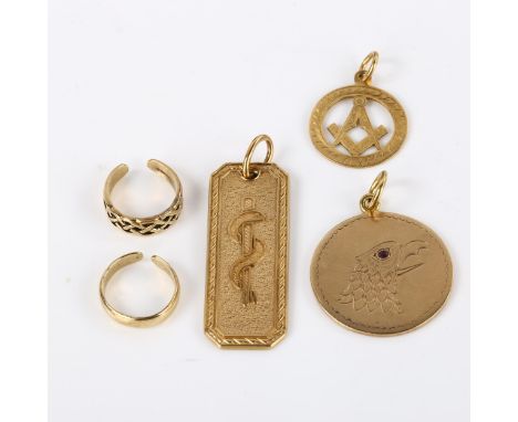 Various gold jewellery, including 9ct Medi-tag, unmarked gold ruby eagle pendant etc, 23.4g total (5)No damage or repair 