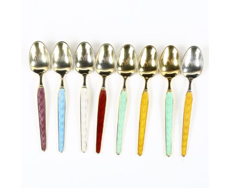 ABSA - a set of 8 Danish vermeil sterling silver and harlequin enamel coffee spoons, length 9.5cmNo damage or repairs, no ena