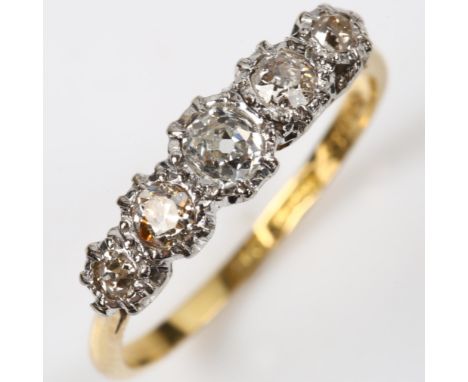 An 18ct gold graduated five stone diamond ring, platinum-topped set with old-cut diamonds, total diamond content approx 0.6ct