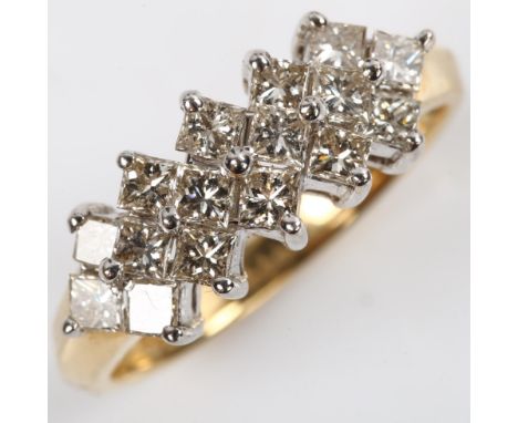 A 14ct gold diamond geometric half hoop ring, set with Princess-cut diamonds, total diamond content approx 1.1ct, setting hei
