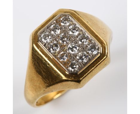 A large 18ct gold diamond panel signet ring, pave set with modern round brilliant-cut diamonds, total diamond content approx 