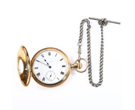 ELGIN - a gold plated half hunter keyless-wind pocket watch, white enamel dial with Roman numeral hour markers, blued steel h