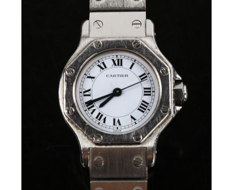 CARTIER - a lady's stainless steel Santos Ronde automatic bracelet watch, white dial with Roman numeral hour markers, blued s