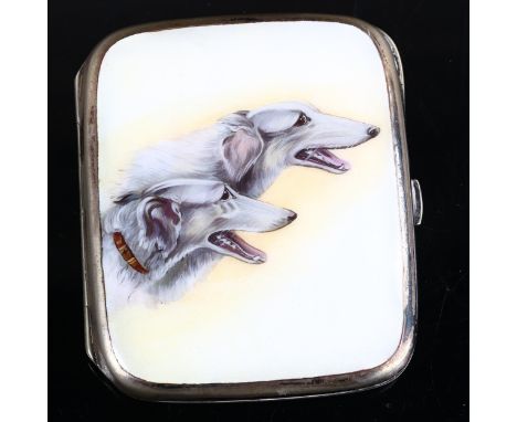 A silver plated enamel Borzoi dog cigarette case, with hand painted panel and gilt interior, 9cm x 7.5cmNo damage or repairs,