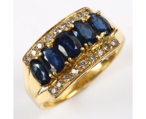 A Continental 18ct gold sapphire and diamond half hoop ring, set with oval mixed-cut sapphire and round brilliant-cut diamond