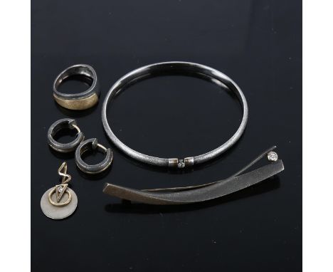 JENS JOHS AAGAARD - a set of Danish modernist oxidised and gilded sterling silver jewellery, comprising bangle, pendant, broo