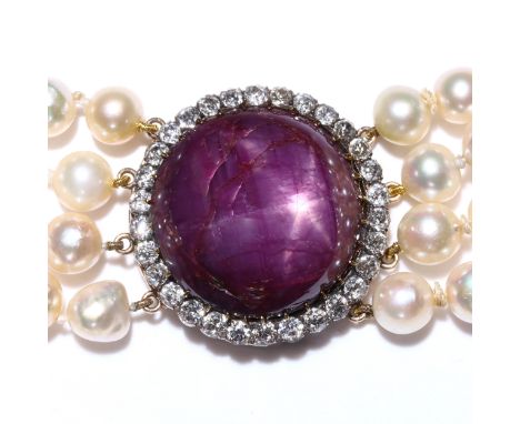 A 155ct Burma no-heat star ruby and diamond cluster pearl necklace, the clasp can be detached to form a pearl and diamond clu