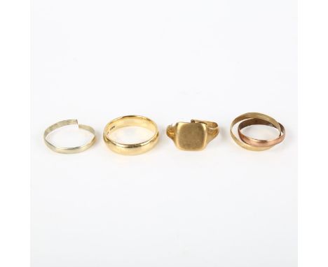 3 x 9ct gold rings, including wedding (size R) and signet, 11g total (3)Signet ring has been cut, 1 section of trinity ring h