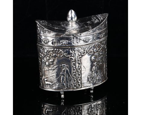 A 19th century Dutch silver tea caddy, navette form with relief embossed figural and foliate decoration, marks on base, impor