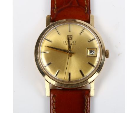 TISSOT - a 9ct gold Visodate mechanical wristwatch, champagne dial with baton hour markers, sweep centre seconds hand and dat