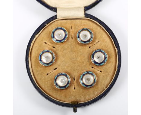 A set of 6 gold plated mother-of-pearl and enamel dress buttons, with paste stone centres, diameter 13.8mm, 9.6g, casedSet is