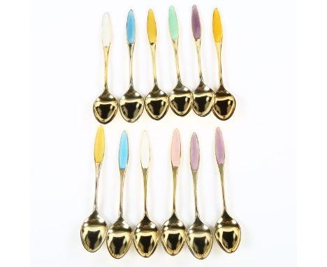 FRIGAST - a set of 12 Danish vermeil sterling silver and harlequin enamel coffee spoons, designed by Henning Seidelin, Kongel