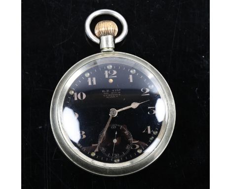 OMEGA - a steel-cased Air Ministry Cockpit Mk V Deck pocket watch, black dial with Arabic numerals and subsidiary seconds dia