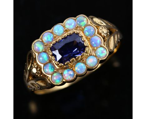 A Victorian style silver-gilt blue glass and synthetic opal cluster ring, setting height 10.3mm, size O, 3.1gNo damage or rep